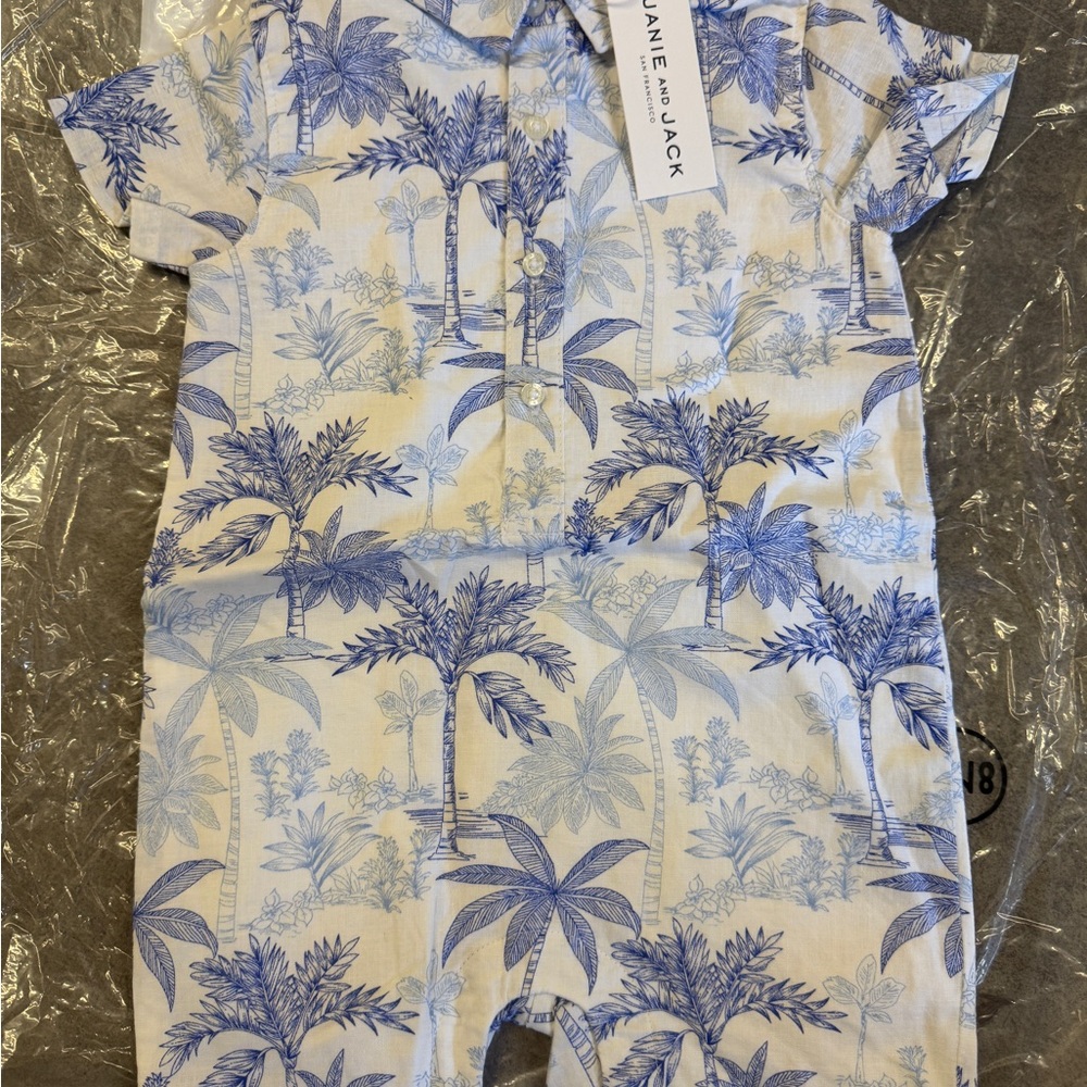 Janie and Jack Blue and White Tropical Print Romper